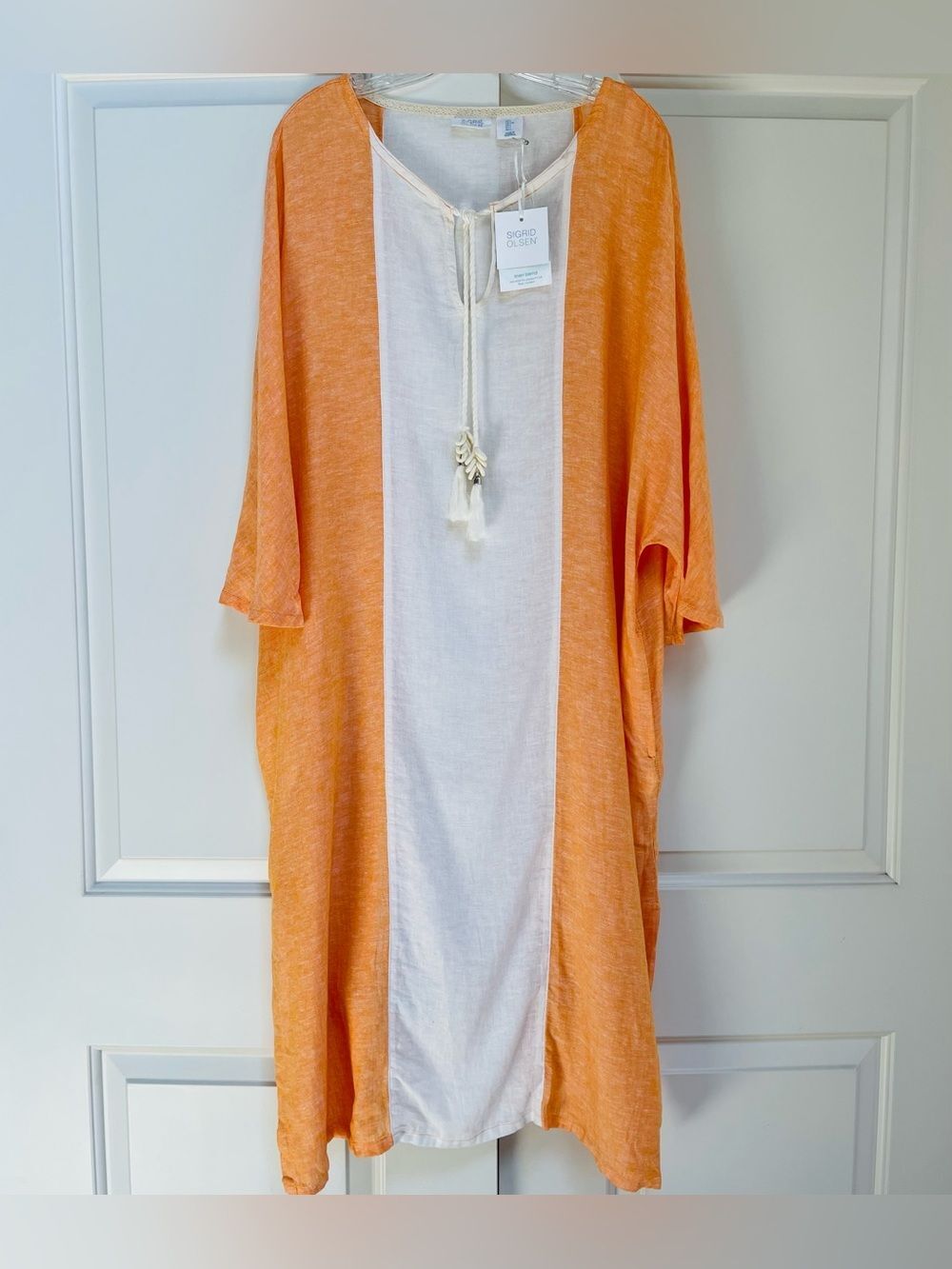 NWT Sigrid Olsen Orange White Linen Blend Pockets Tassels Resort Beach Cover Up